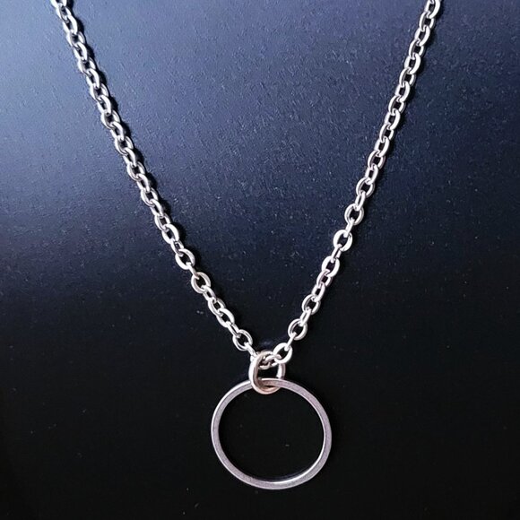 CIRCLE Stainless Steel Charm Chain Necklace 18" Minimalist 14mm round - Picture 3 of 16